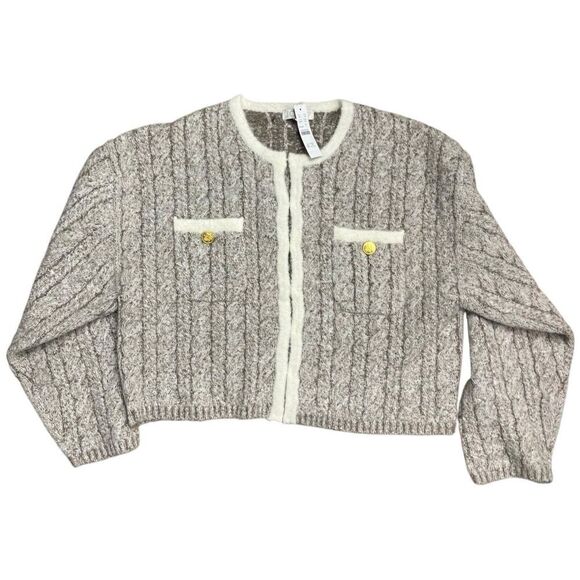 J Crew‎ Cardigan L Grey Cable-knit Sweater Lady Jacket BV344 Gold Buttons Preppy - Picture 3 of 15